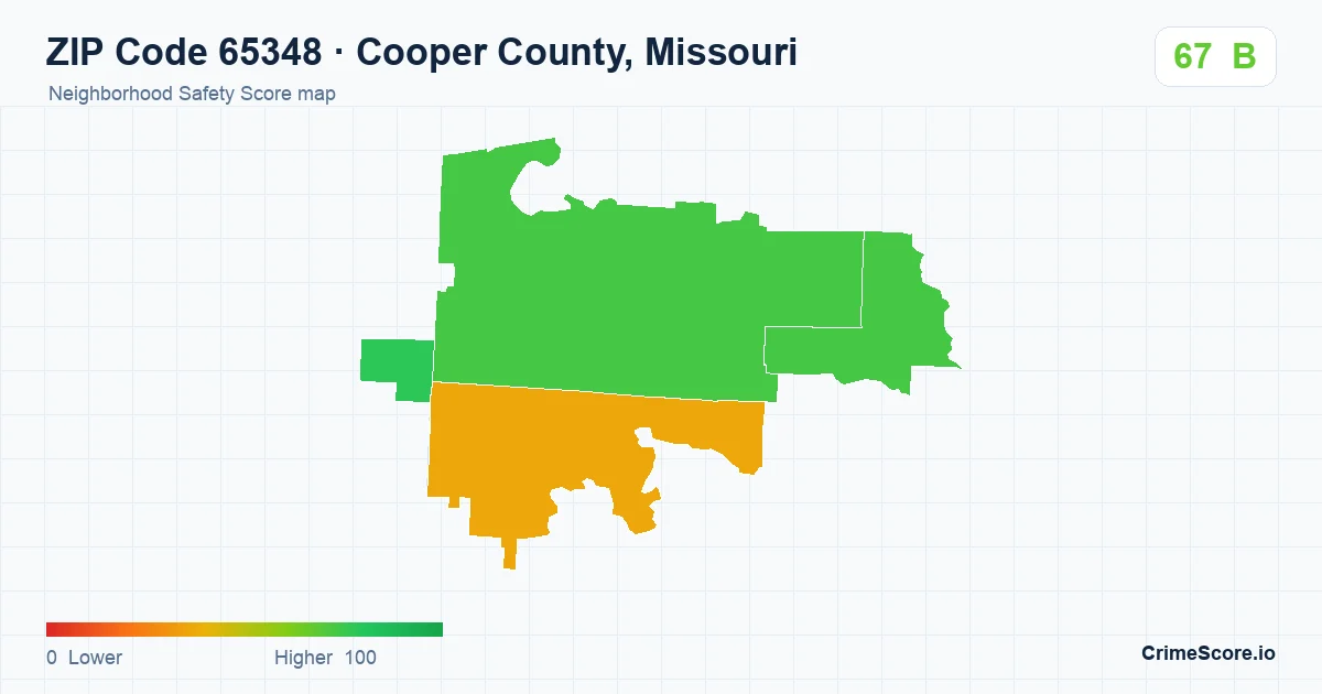 ZIP Code 65348 in Cooper County, Missouri neighborhood Safety Score map