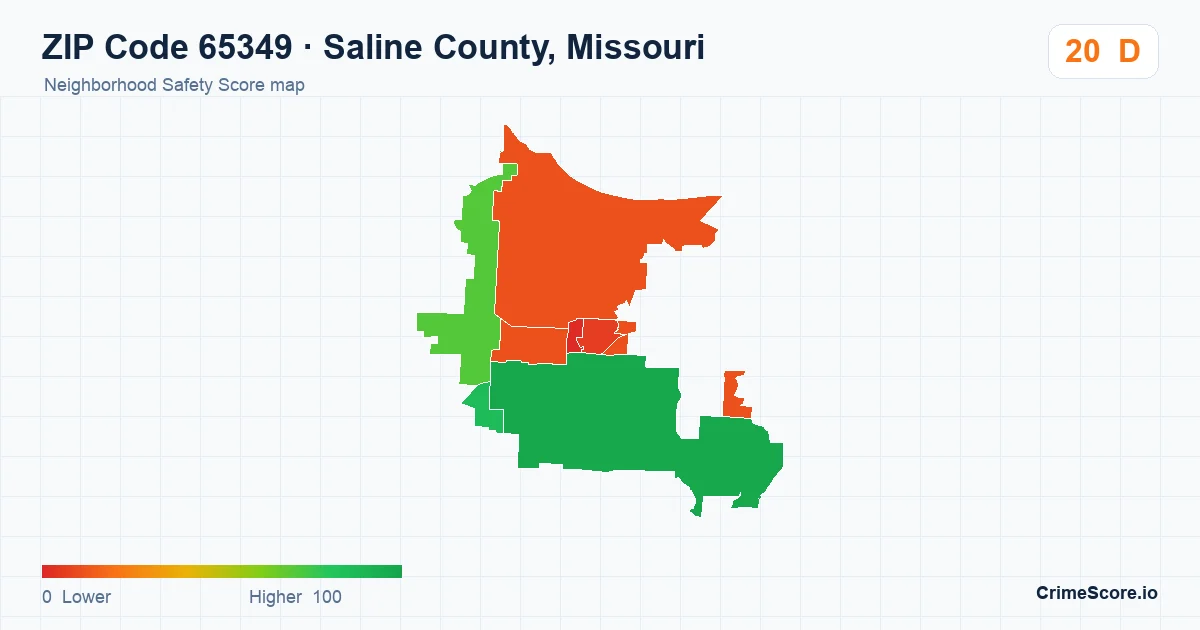 ZIP Code 65349 in Saline County, Missouri neighborhood Safety Score map