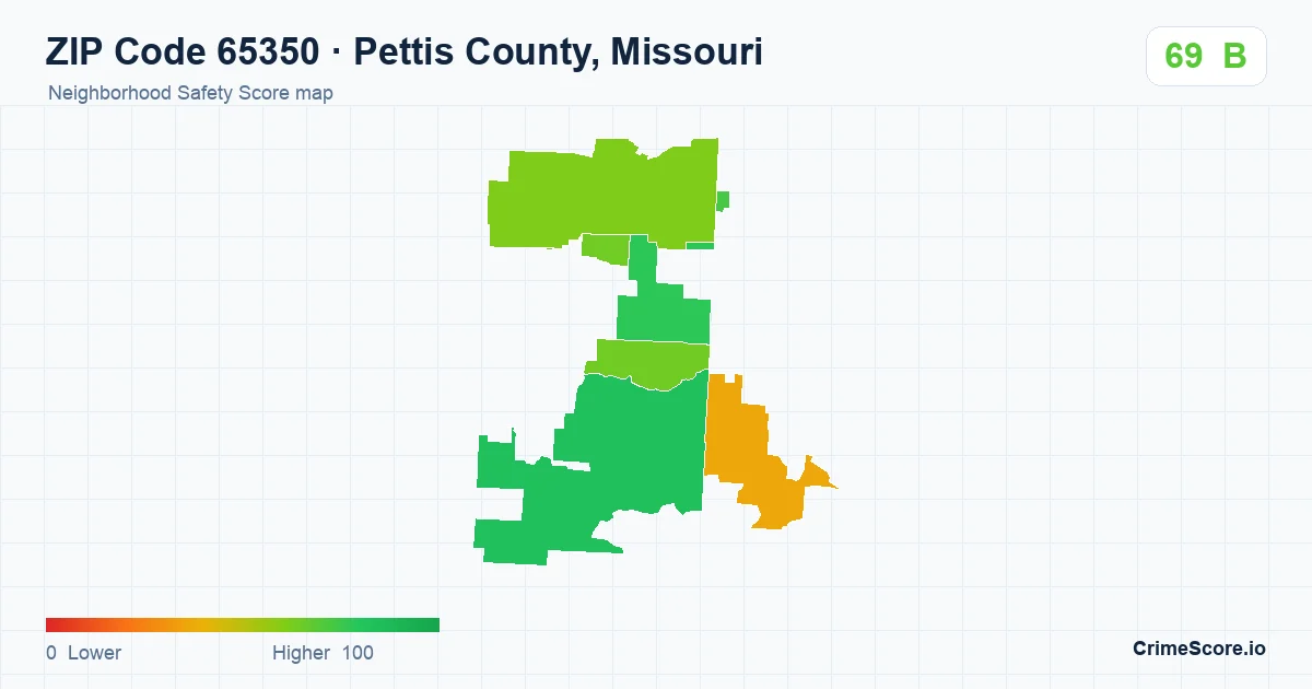 ZIP Code 65350 in Pettis County, Missouri neighborhood Safety Score map