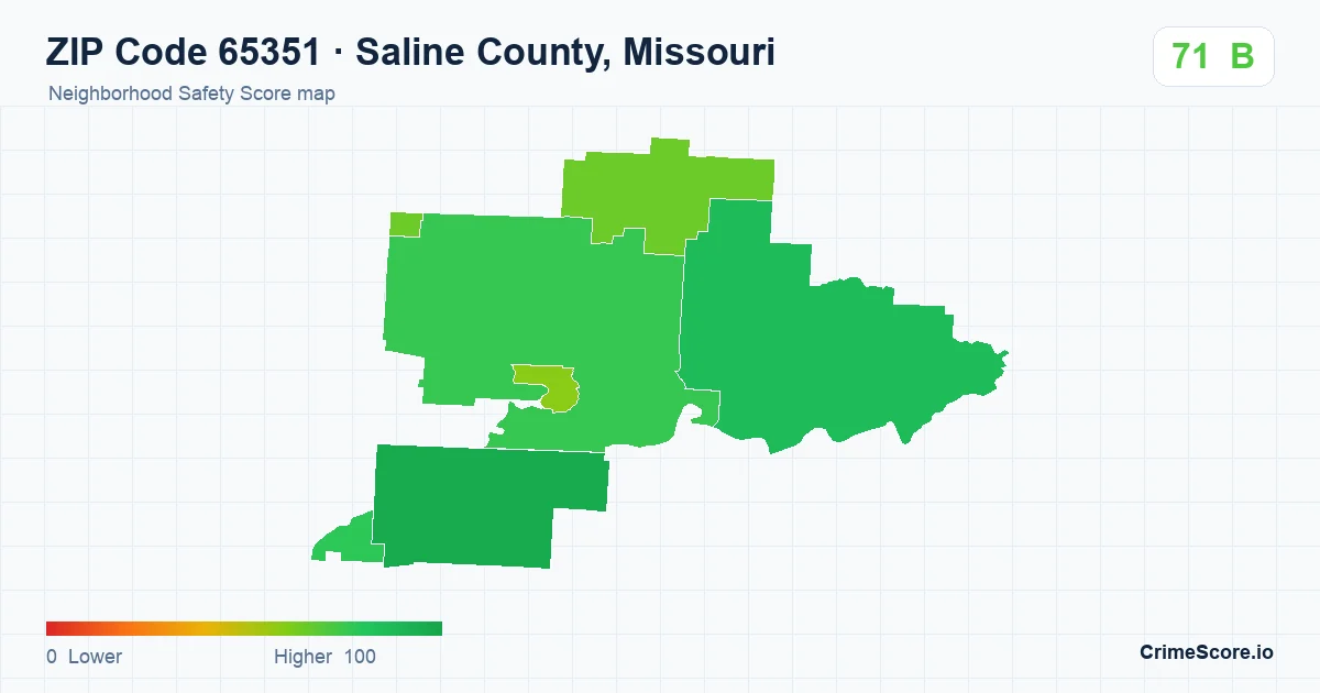ZIP Code 65351 in Saline County, Missouri neighborhood Safety Score map