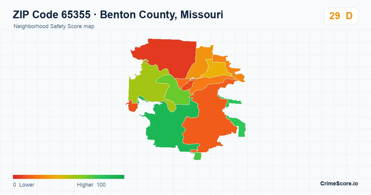 ZIP Code 65355 in Benton County, Missouri neighborhood Safety Score map