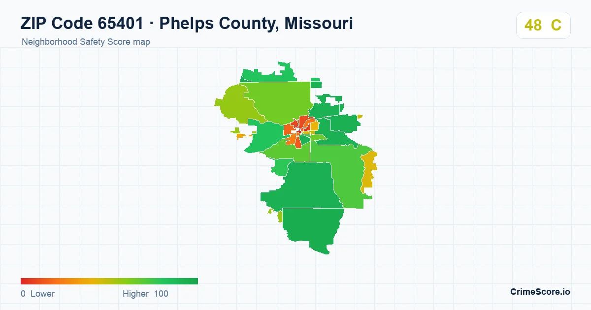 ZIP Code 65401 in Phelps County, Missouri neighborhood Safety Score map