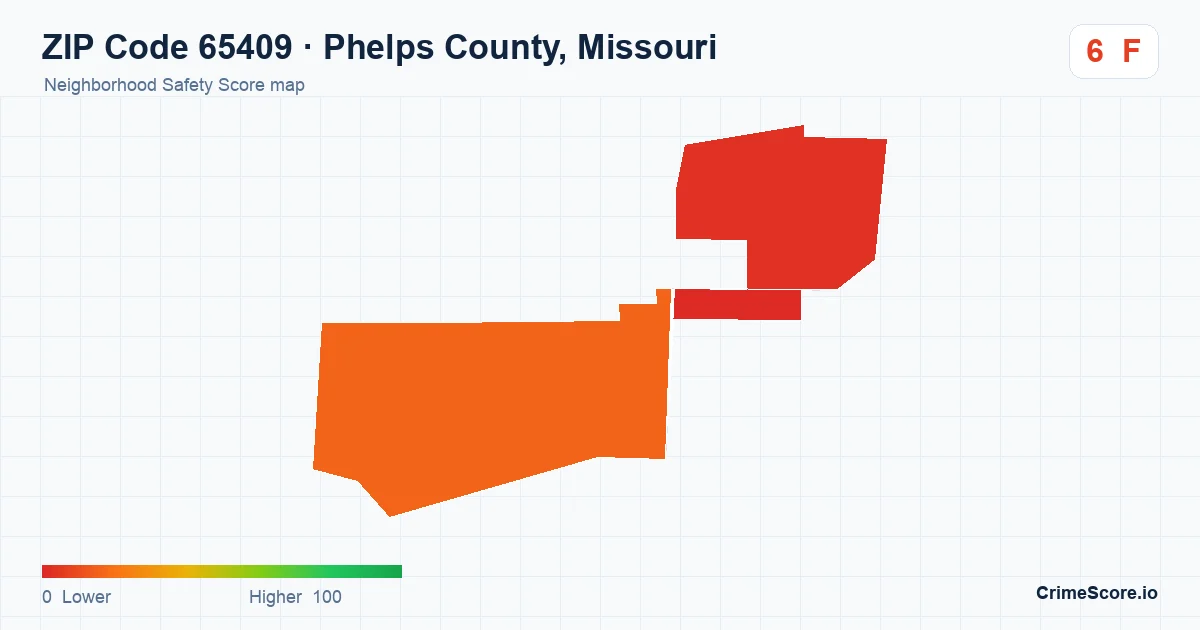 ZIP Code 65409 in Phelps County, Missouri neighborhood Safety Score map