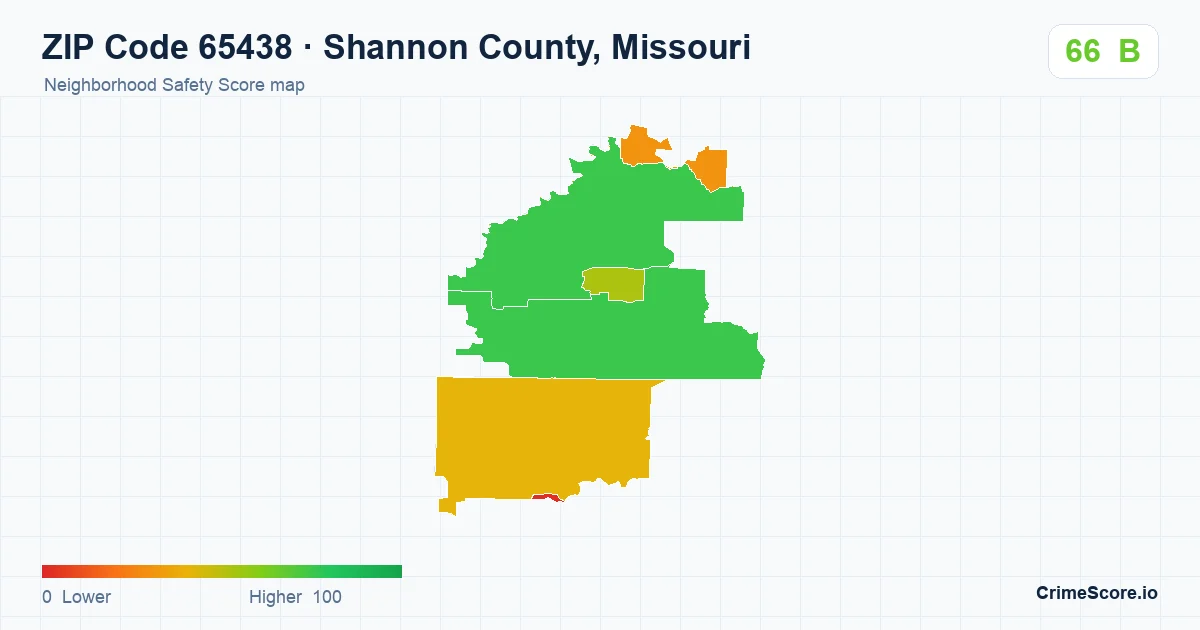 ZIP Code 65438 in Shannon County, Missouri neighborhood Safety Score map