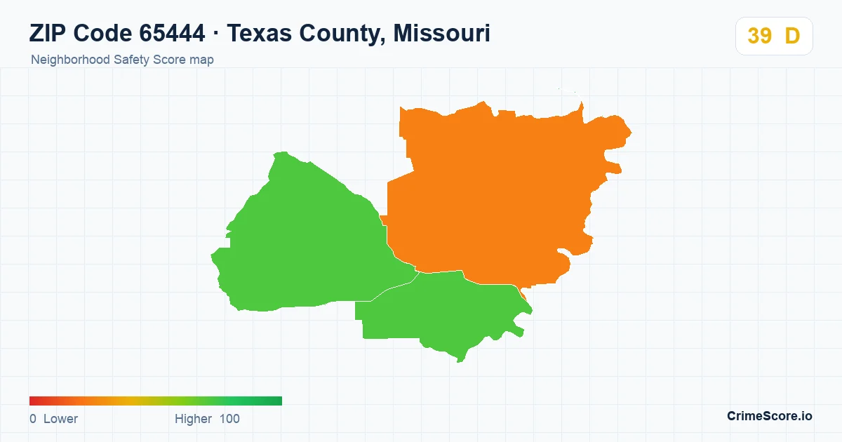 ZIP Code 65444 in Texas County, Missouri neighborhood Safety Score map