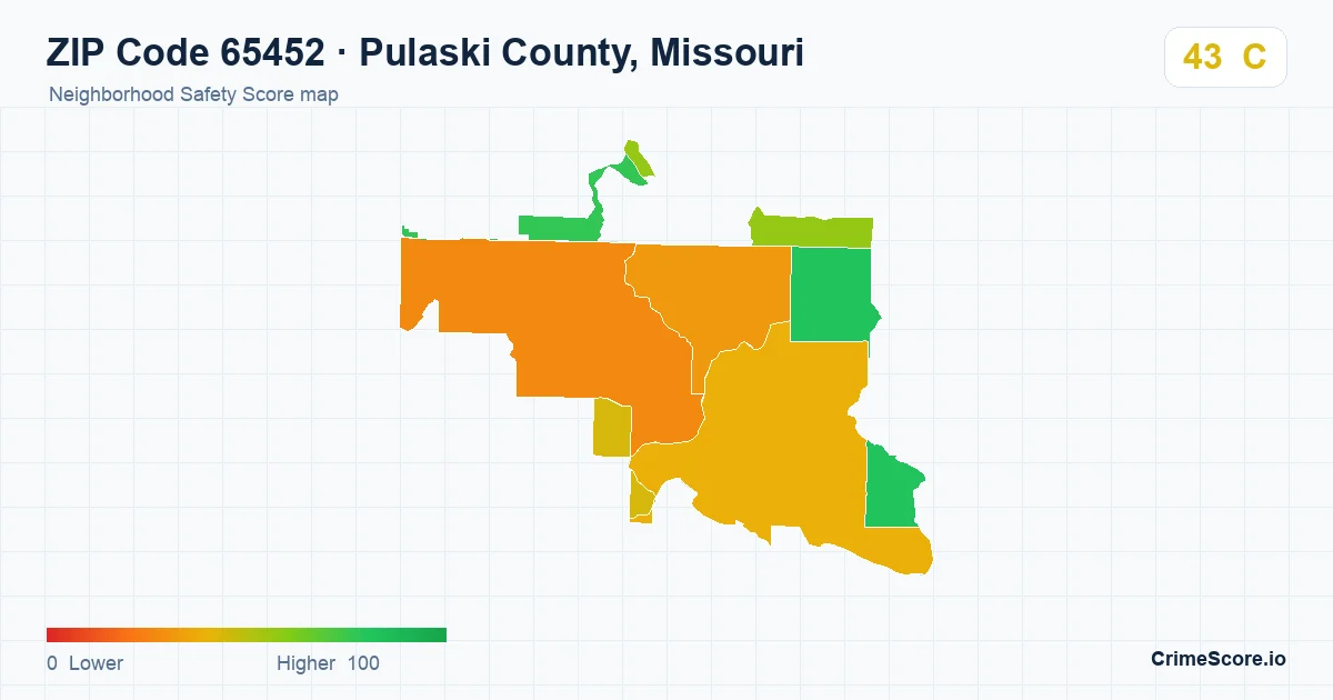 ZIP Code 65452 in Pulaski County, Missouri neighborhood Safety Score map