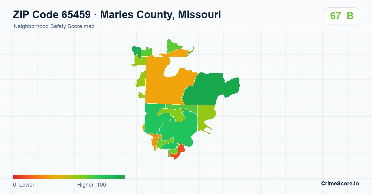 ZIP Code 65459 in Maries County, Missouri neighborhood Safety Score map