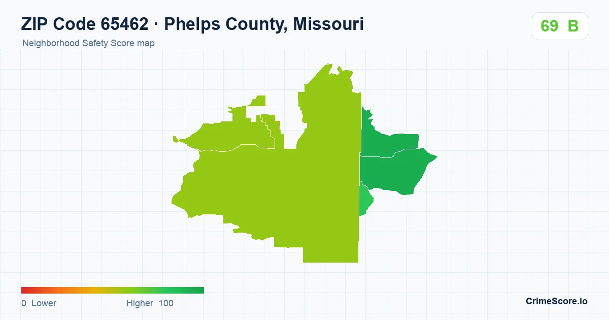ZIP Code 65462 in Phelps County, Missouri neighborhood Safety Score map