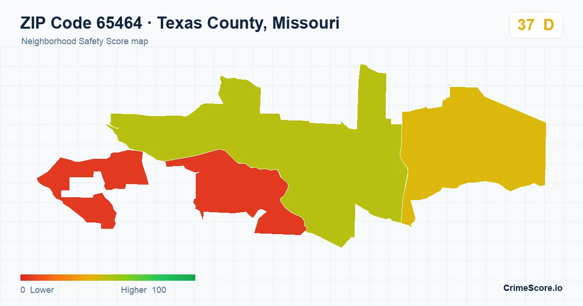 ZIP Code 65464 in Texas County, Missouri neighborhood Safety Score map