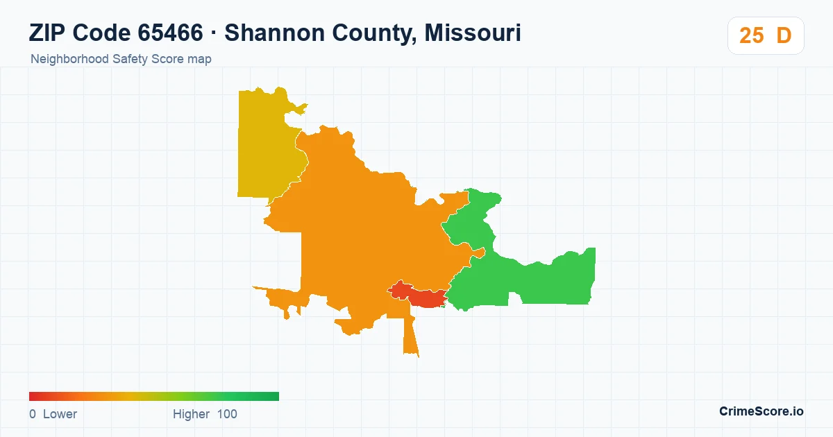 ZIP Code 65466 in Shannon County, Missouri neighborhood Safety Score map