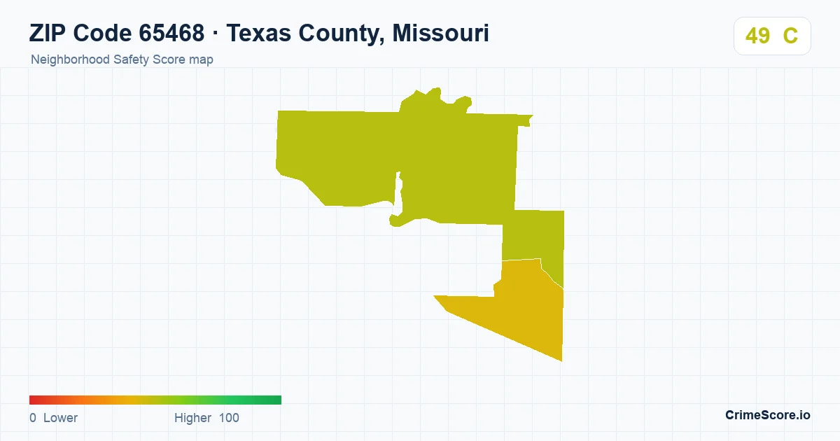 ZIP Code 65468 in Texas County, Missouri neighborhood Safety Score map