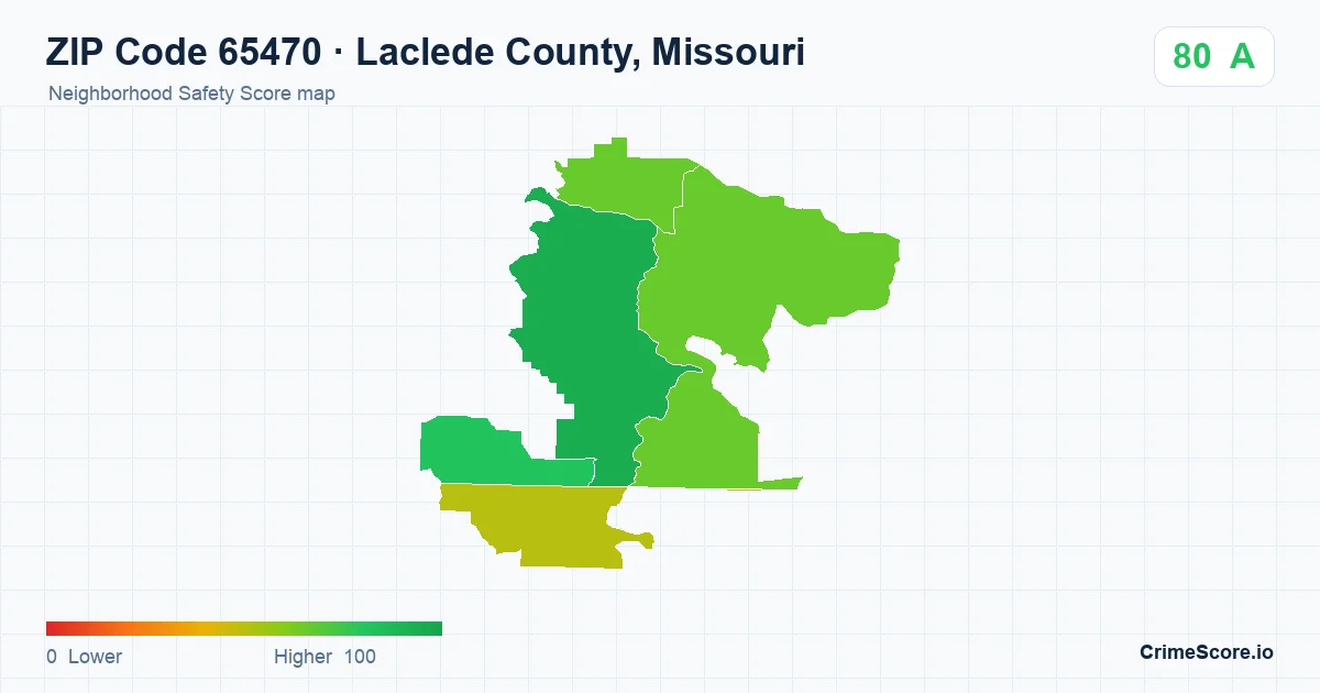 ZIP Code 65470 in Laclede County, Missouri neighborhood Safety Score map