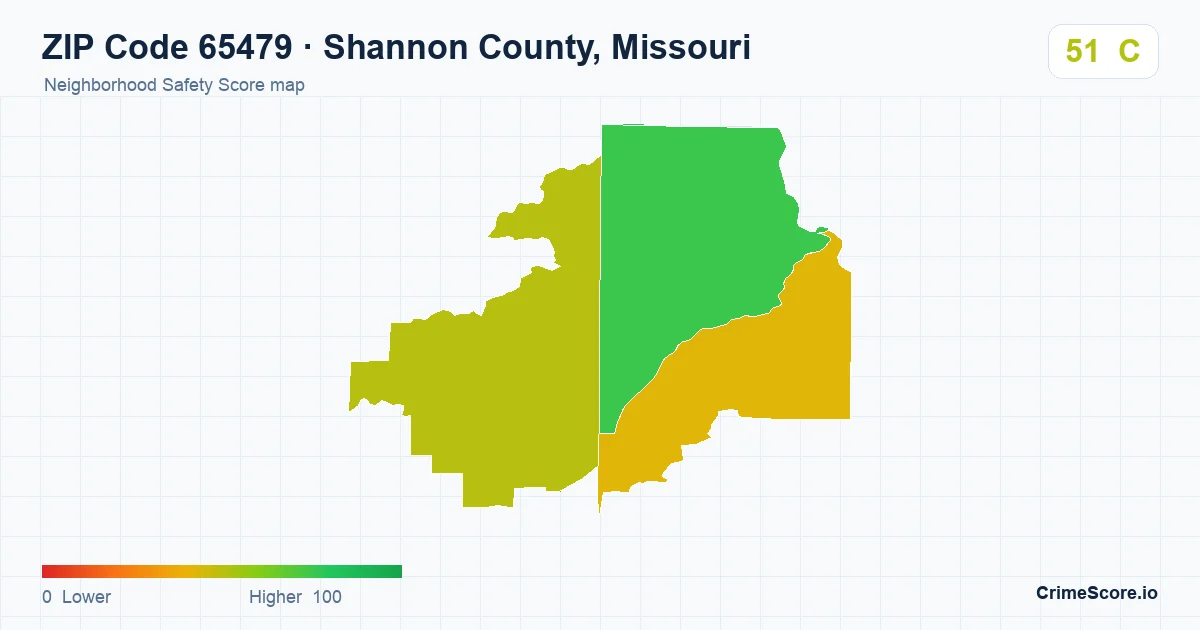 ZIP Code 65479 in Shannon County, Missouri neighborhood Safety Score map