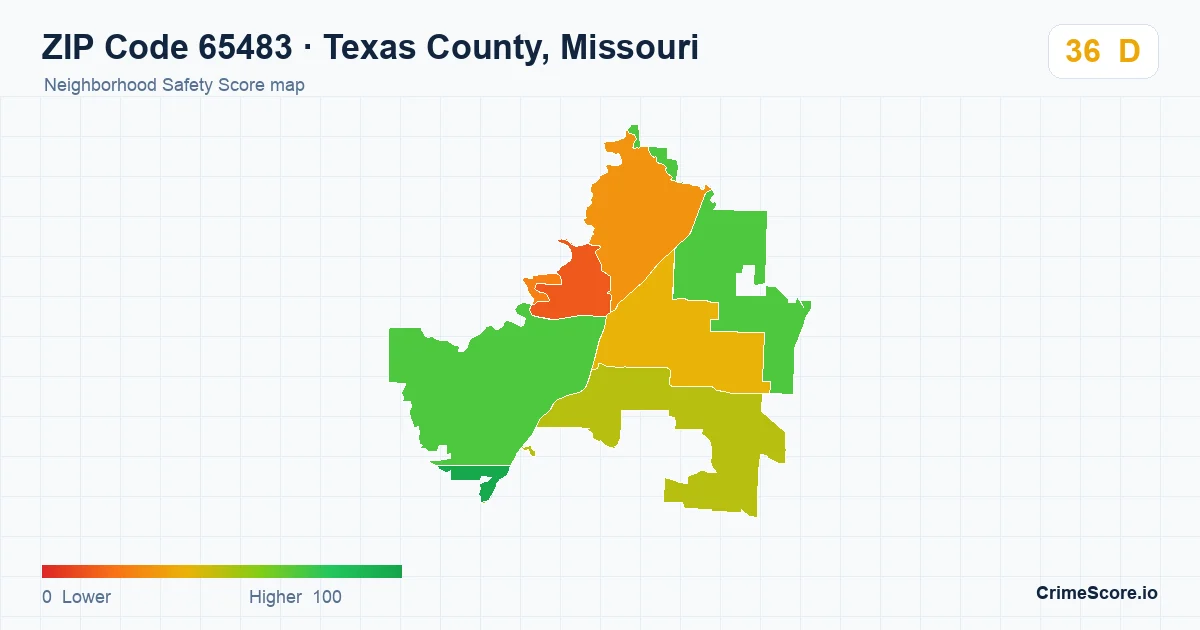 ZIP Code 65483 in Texas County, Missouri neighborhood Safety Score map