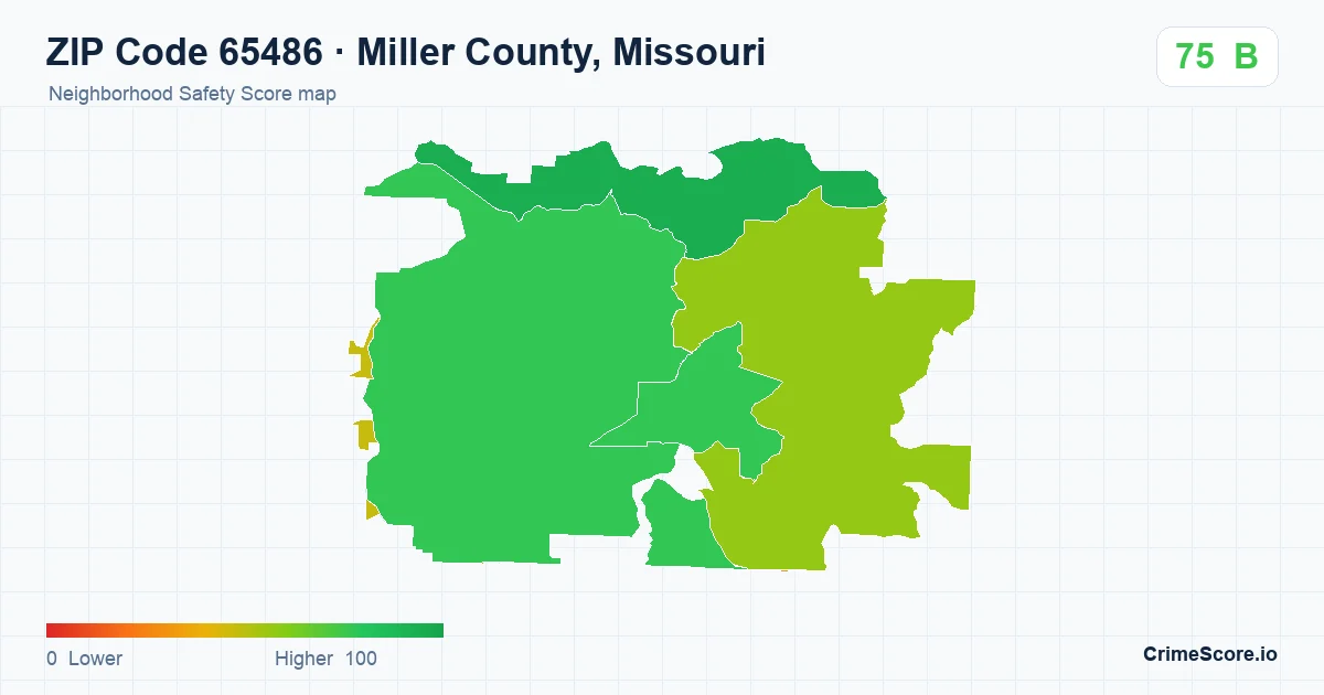 ZIP Code 65486 in Miller County, Missouri neighborhood Safety Score map