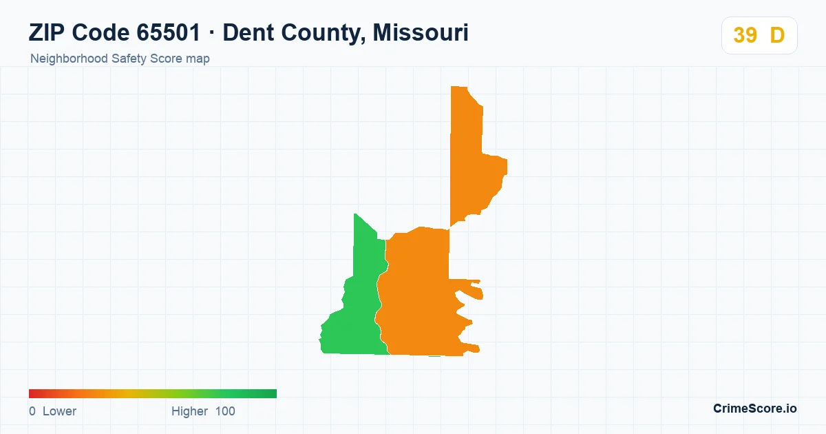 ZIP Code 65501 in Dent County, Missouri neighborhood Safety Score map