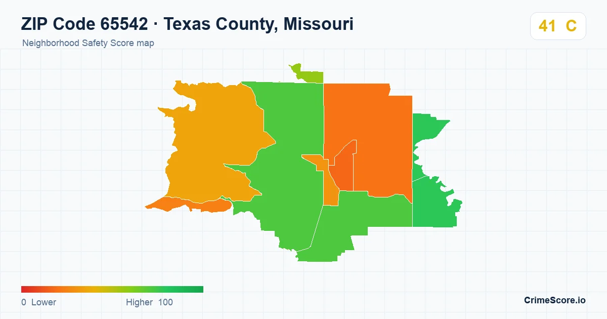 ZIP Code 65542 in Texas County, Missouri neighborhood Safety Score map