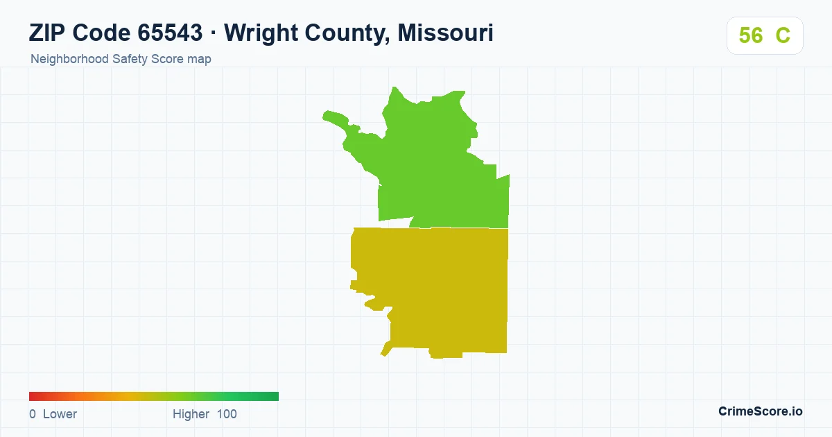 ZIP Code 65543 in Wright County, Missouri neighborhood Safety Score map