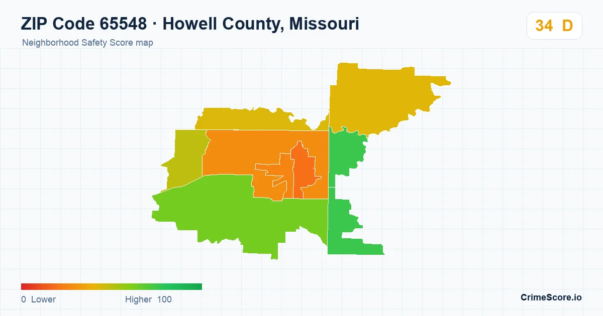 ZIP Code 65548 in Howell County, Missouri neighborhood Safety Score map
