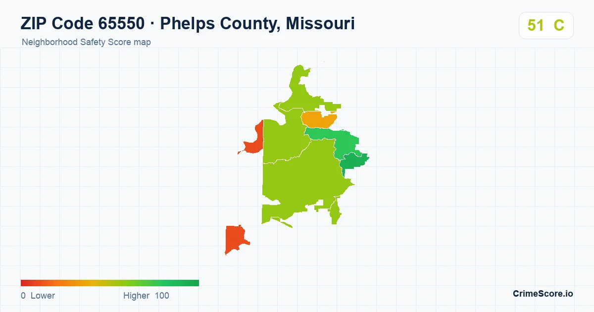 ZIP Code 65550 in Phelps County, Missouri neighborhood Safety Score map