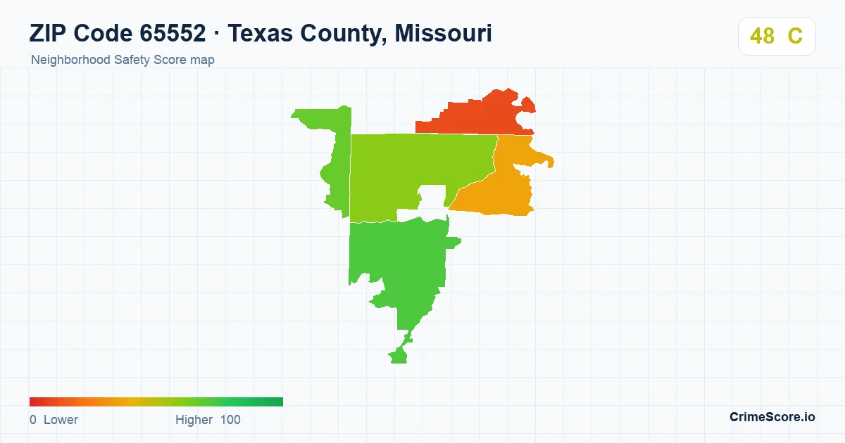ZIP Code 65552 in Texas County, Missouri neighborhood Safety Score map