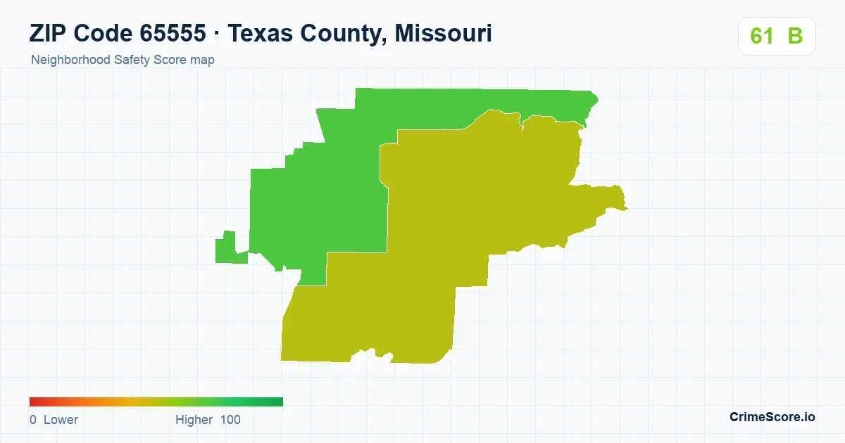 ZIP Code 65555 in Texas County, Missouri neighborhood Safety Score map