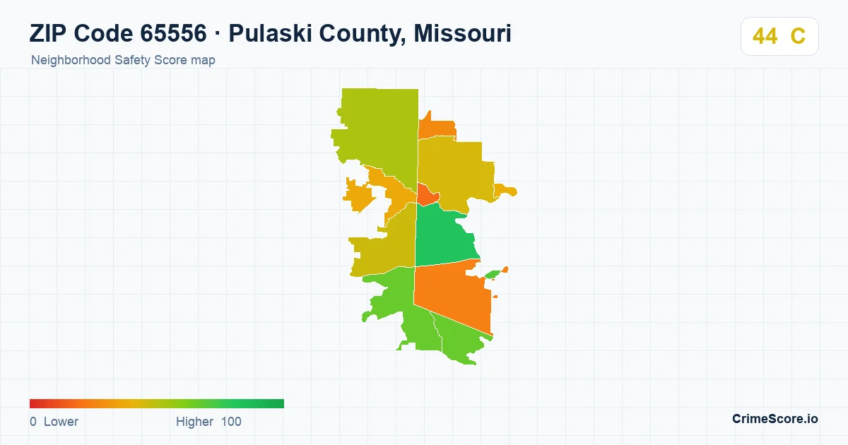 ZIP Code 65556 in Pulaski County, Missouri neighborhood Safety Score map