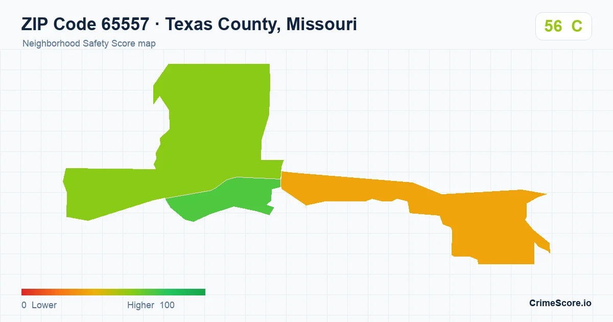 ZIP Code 65557 in Texas County, Missouri neighborhood Safety Score map