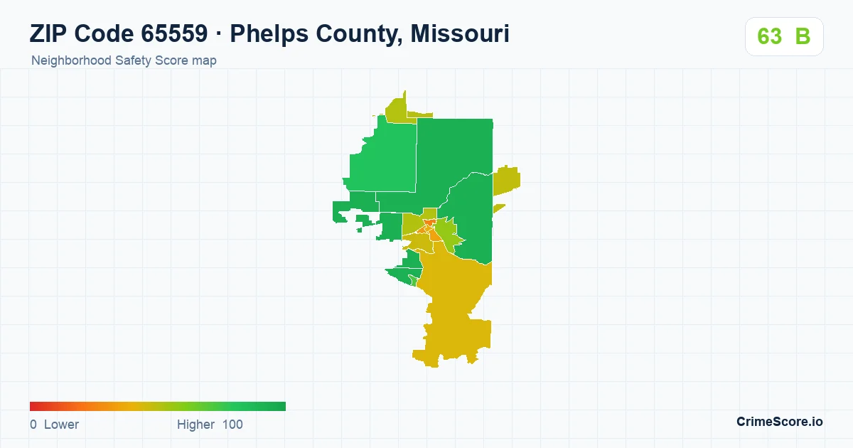 ZIP Code 65559 in Phelps County, Missouri neighborhood Safety Score map