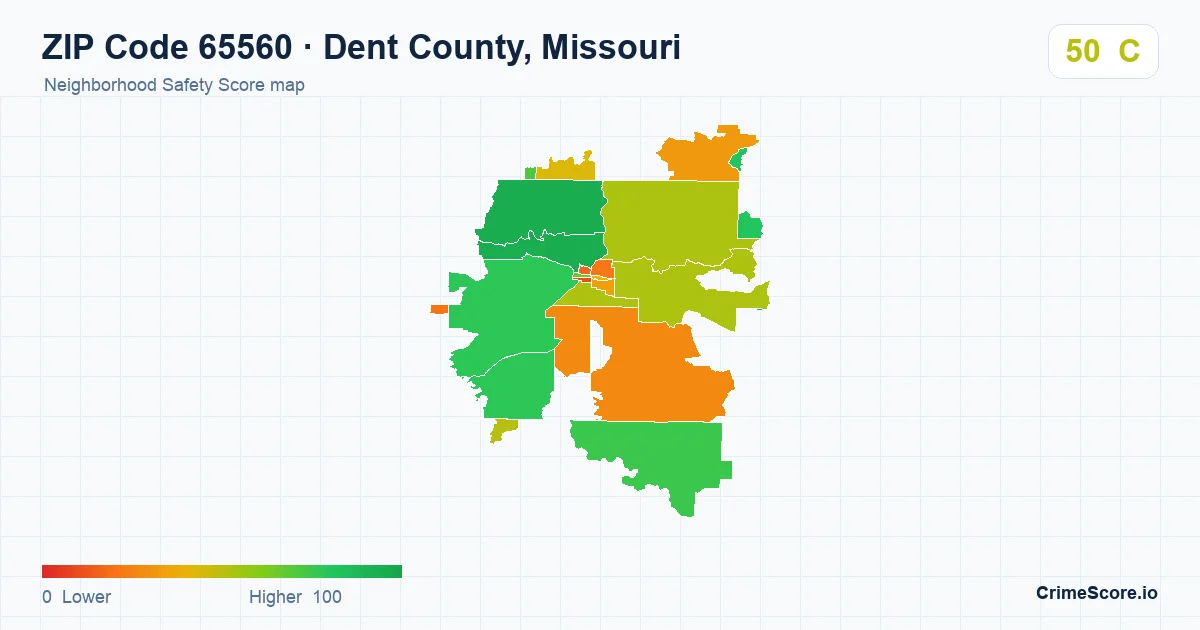 ZIP Code 65560 in Dent County, Missouri neighborhood Safety Score map