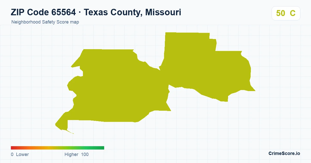 ZIP Code 65564 in Texas County, Missouri neighborhood Safety Score map