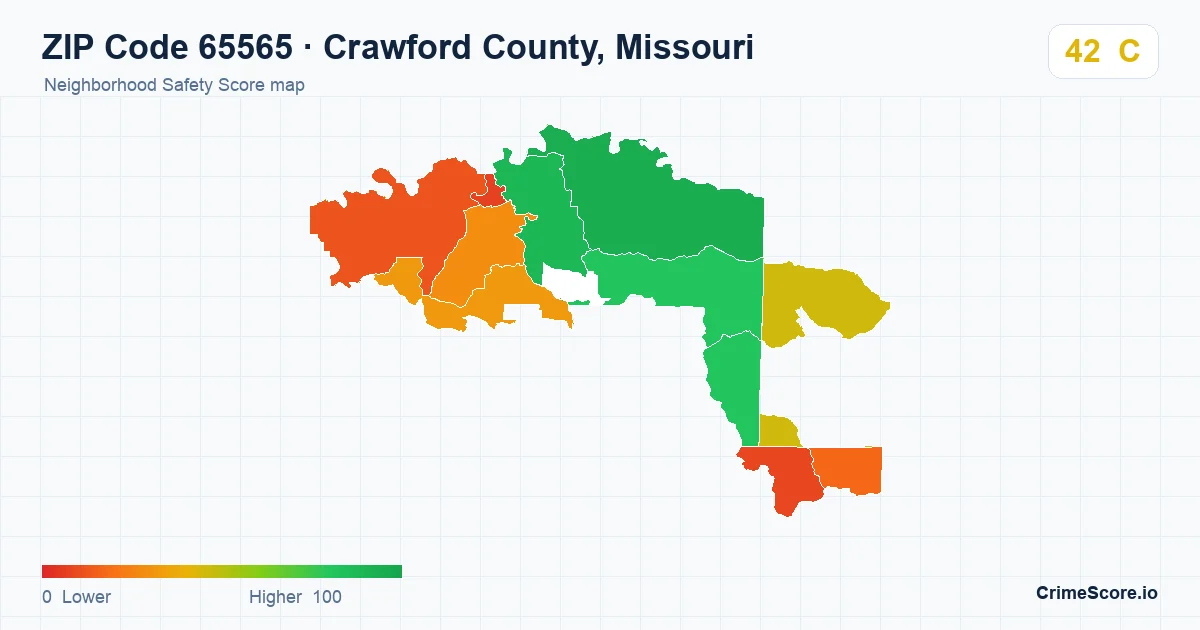 ZIP Code 65565 in Crawford County, Missouri neighborhood Safety Score map