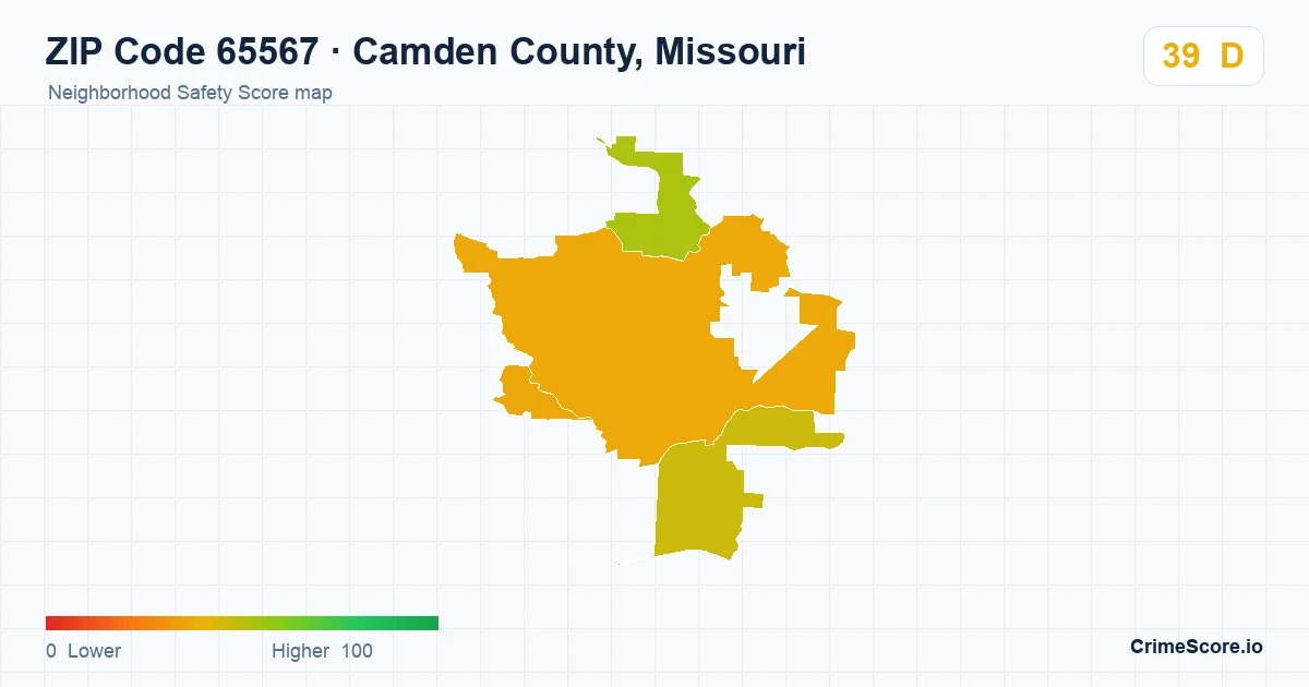 ZIP Code 65567 in Camden County, Missouri neighborhood Safety Score map