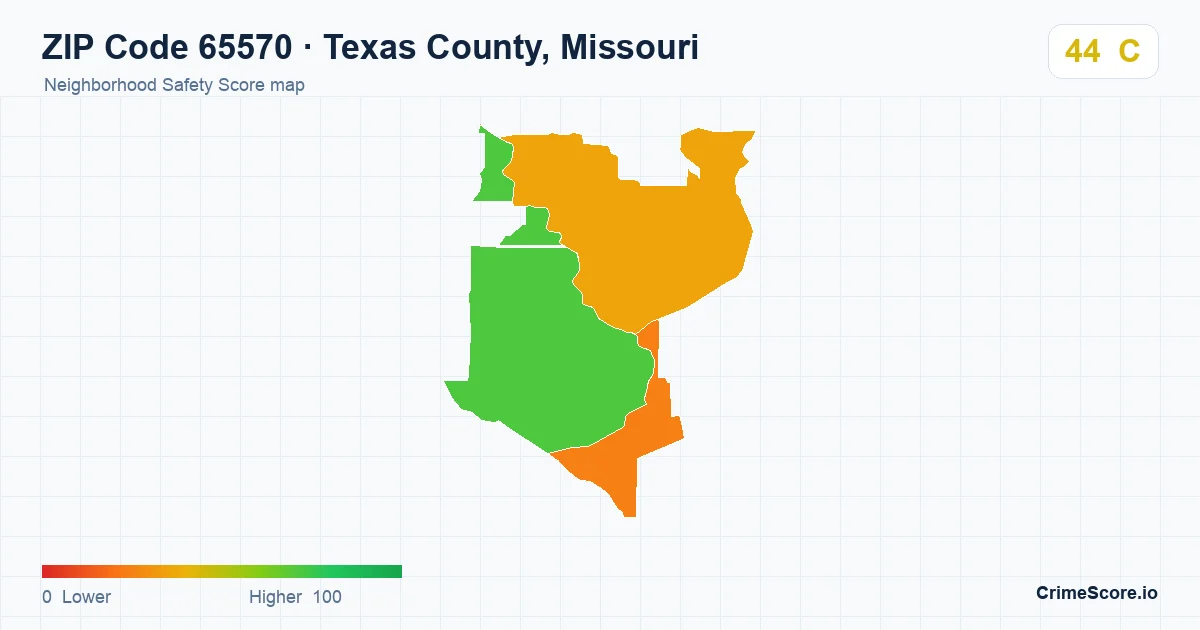 ZIP Code 65570 in Texas County, Missouri neighborhood Safety Score map