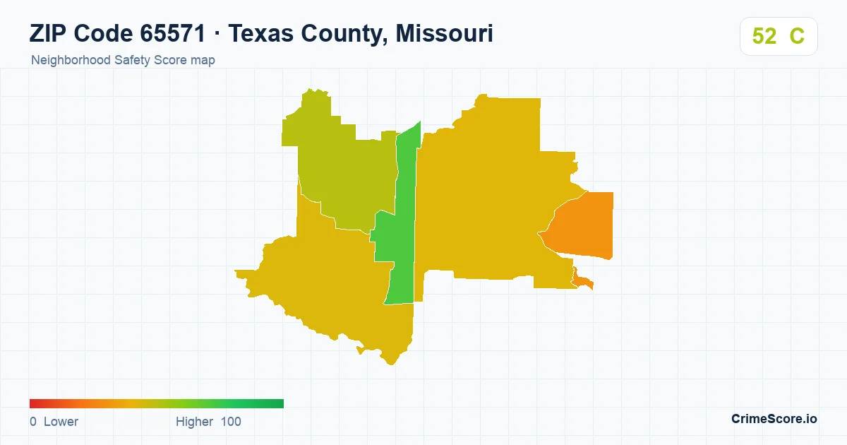 ZIP Code 65571 in Texas County, Missouri neighborhood Safety Score map