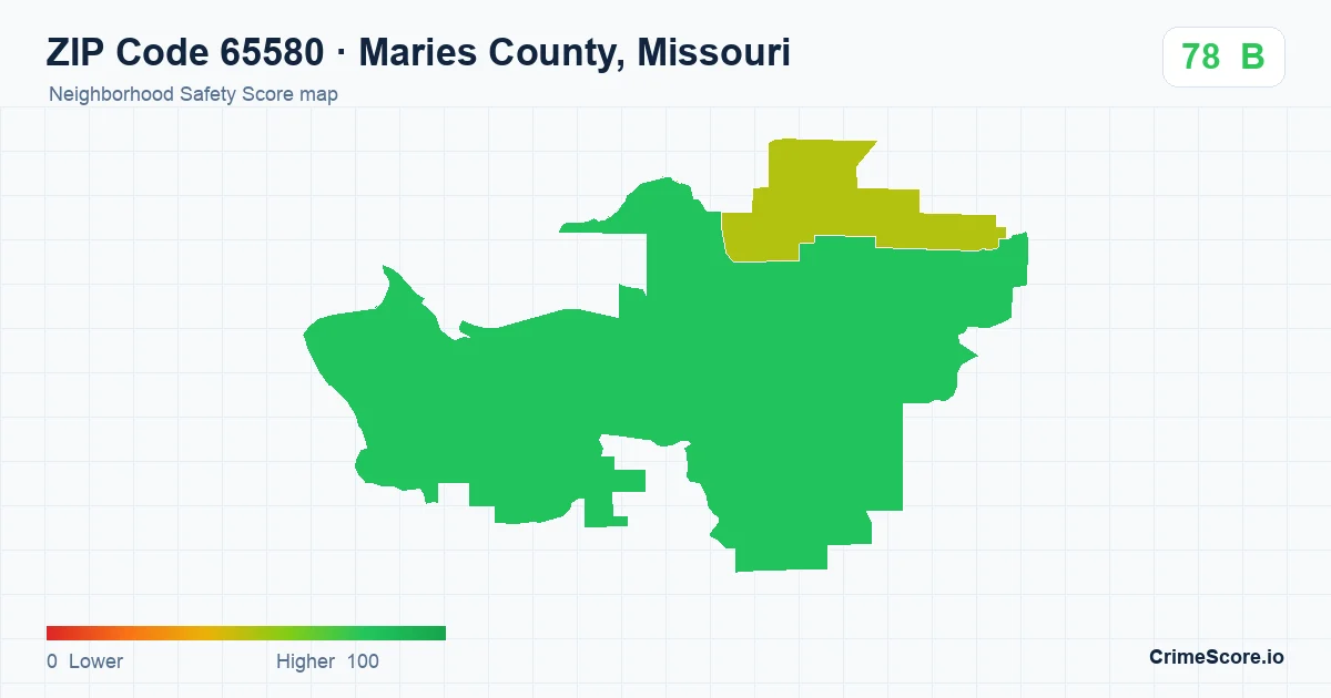 ZIP Code 65580 in Maries County, Missouri neighborhood Safety Score map