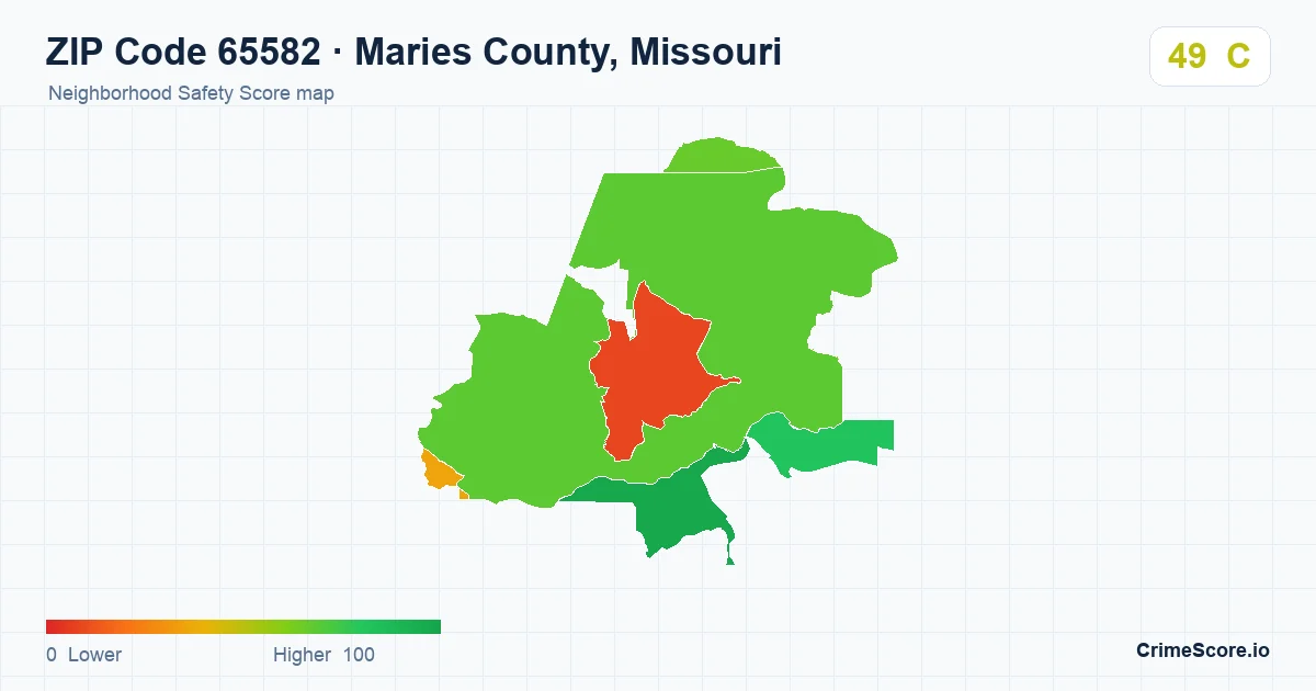 ZIP Code 65582 in Maries County, Missouri neighborhood Safety Score map
