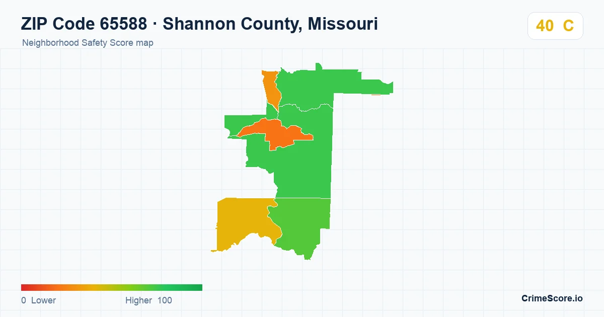 ZIP Code 65588 in Shannon County, Missouri neighborhood Safety Score map