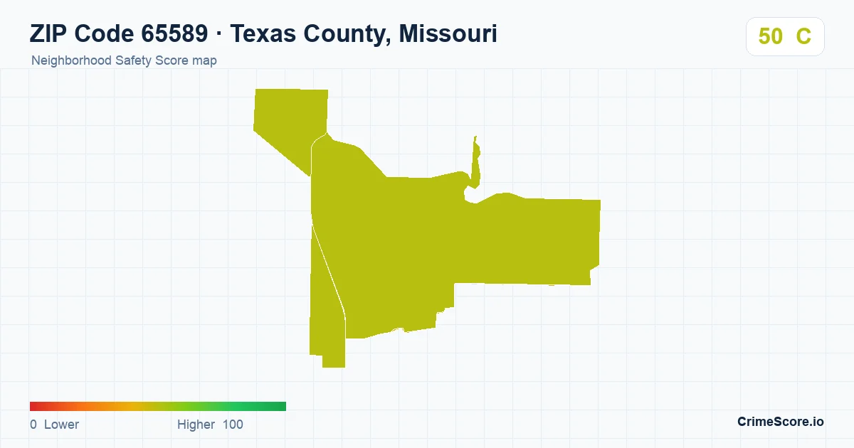 ZIP Code 65589 in Texas County, Missouri neighborhood Safety Score map