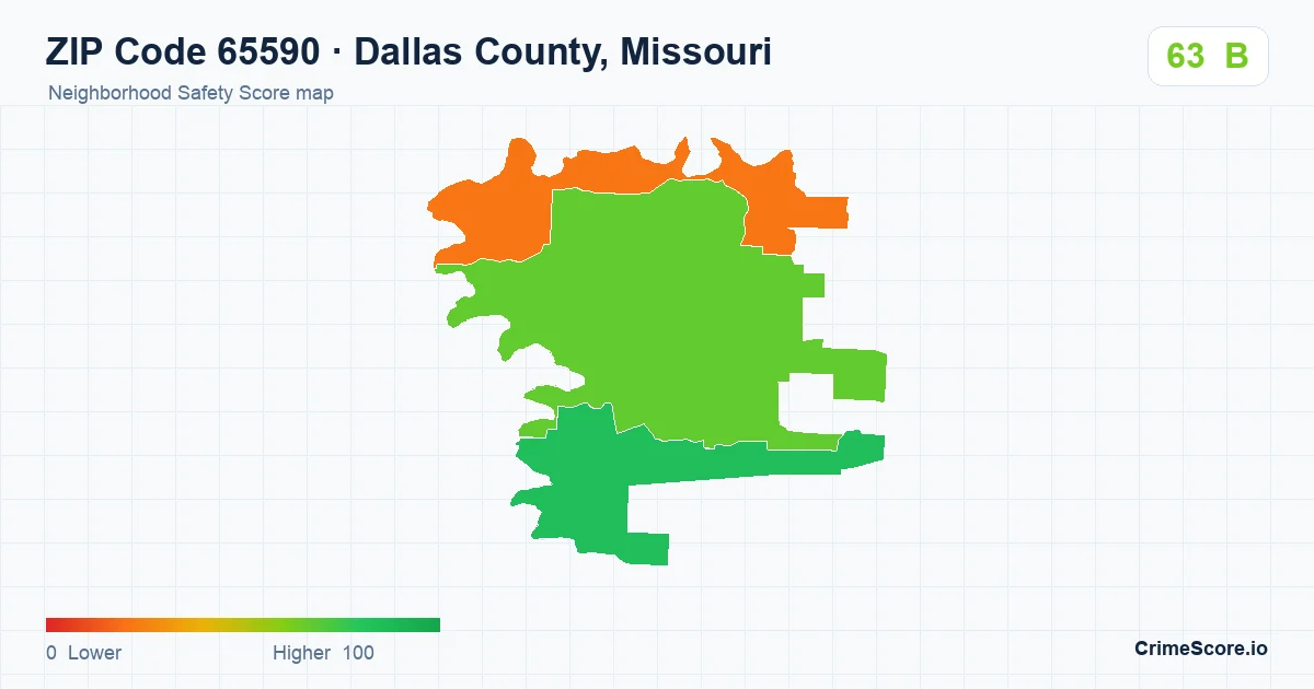 ZIP Code 65590 in Dallas County, Missouri neighborhood Safety Score map