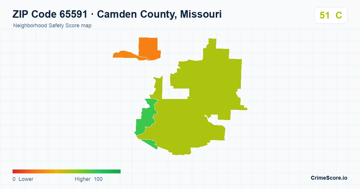 ZIP Code 65591 in Camden County, Missouri neighborhood Safety Score map