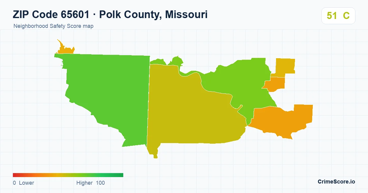 ZIP Code 65601 in Polk County, Missouri neighborhood Safety Score map