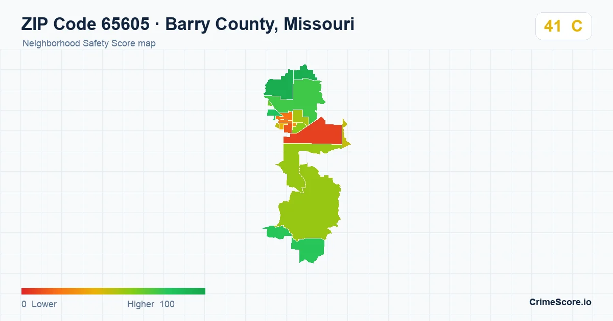 ZIP Code 65605 in Barry County, Missouri neighborhood Safety Score map