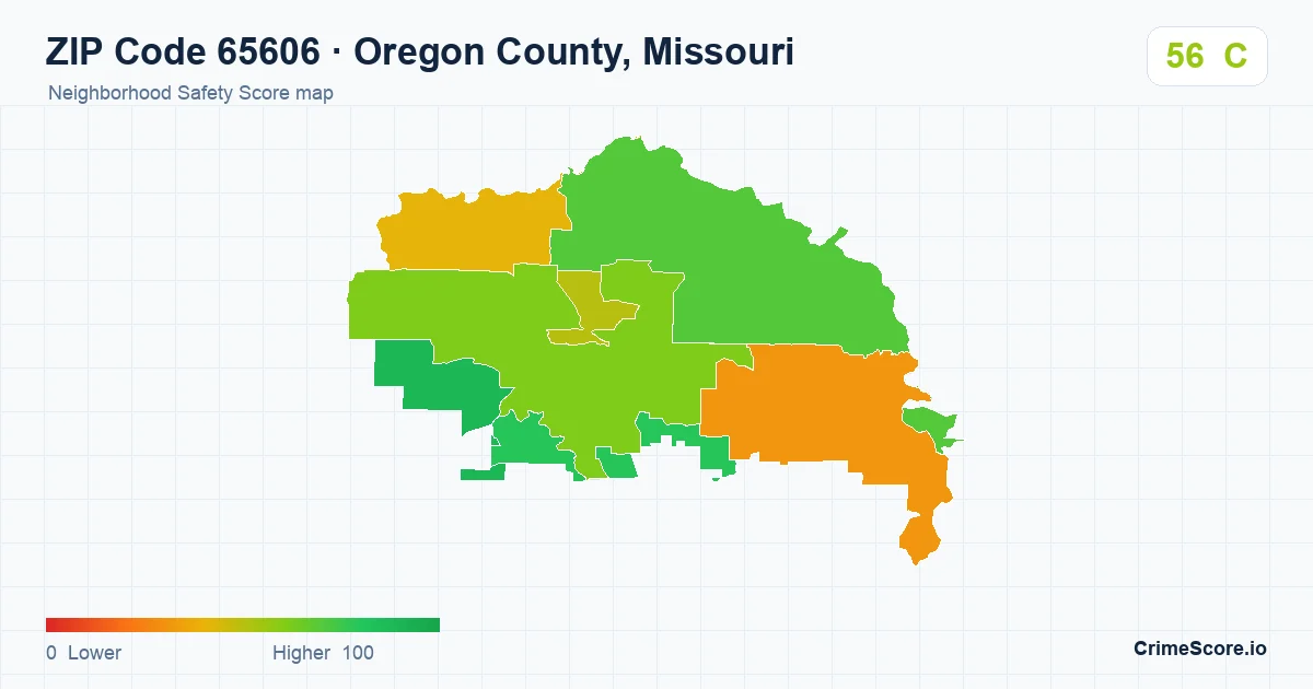 ZIP Code 65606 in Oregon County, Missouri neighborhood Safety Score map