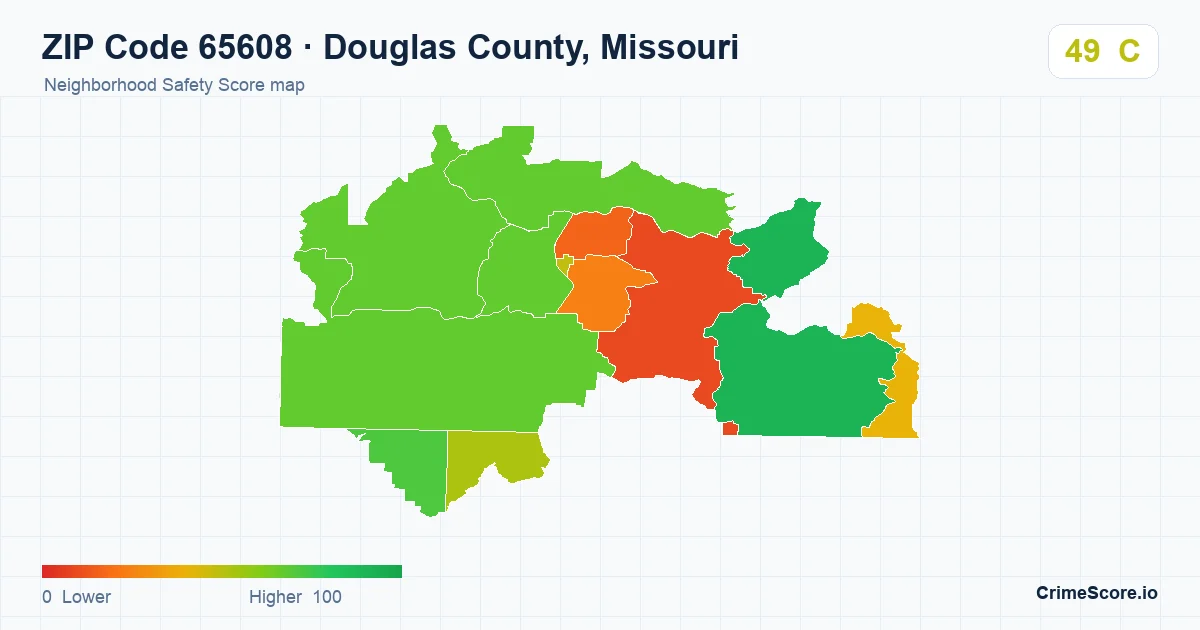 ZIP Code 65608 in Douglas County, Missouri neighborhood Safety Score map