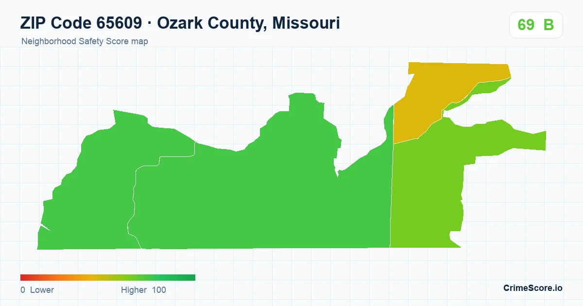 ZIP Code 65609 in Ozark County, Missouri neighborhood Safety Score map