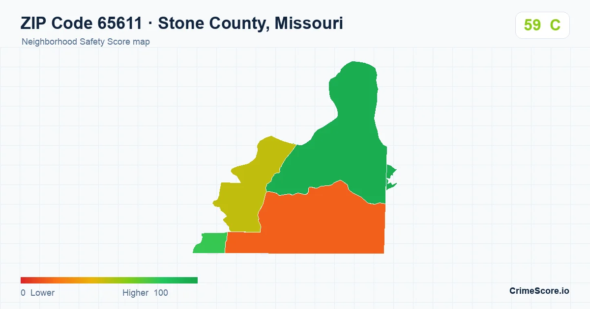 ZIP Code 65611 in Stone County, Missouri neighborhood Safety Score map
