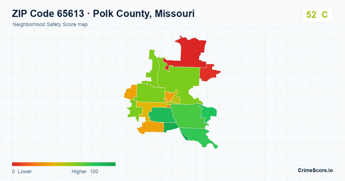 ZIP Code 65613 in Polk County, Missouri neighborhood Safety Score map