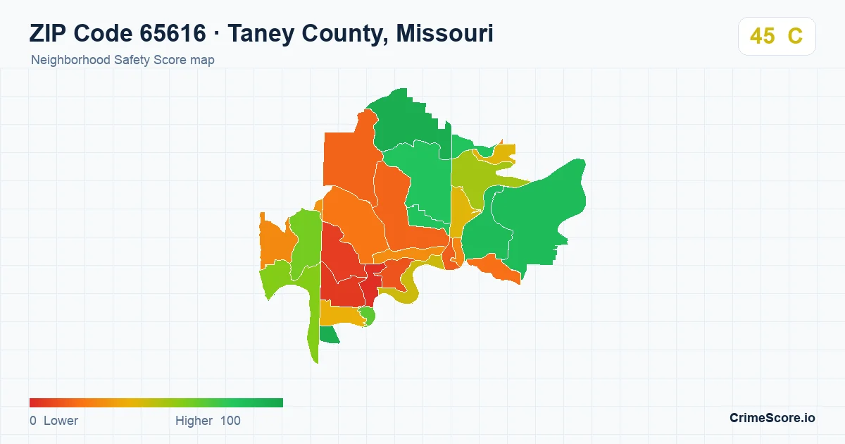 ZIP Code 65616 in Taney County, Missouri neighborhood Safety Score map