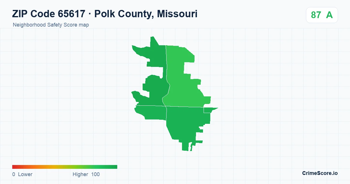 ZIP Code 65617 in Polk County, Missouri neighborhood Safety Score map